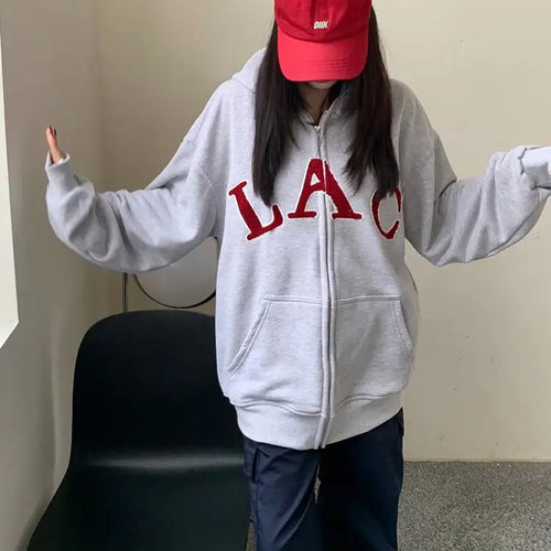 Load image into Gallery viewer, Women Gray Letter Hoodies Tops Harajuku Korean Version Zip Up Loose Sweatshirts Autumn Casual Long Sleeve Hooded Coat Thick Chic
