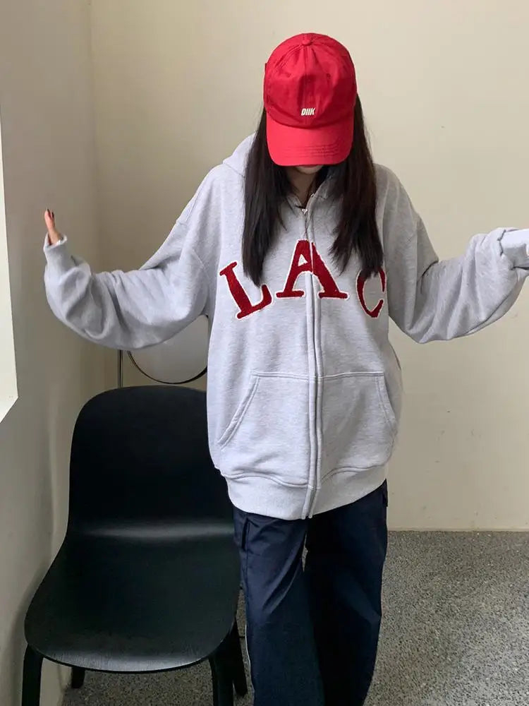Women Gray Letter Hoodies Tops Harajuku Korean Version Zip Up Loose Sweatshirts Autumn Casual Long Sleeve Hooded Coat Thick Chic
