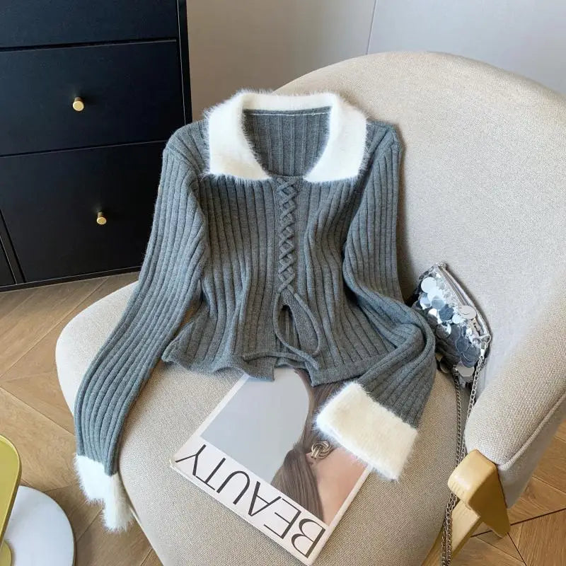 French Fashion Women Black Beige Patchwork Elegant Long Sleeve Sweaters 2024 New Autumn Winter Vintage Lace-up Knit Cotton Tops