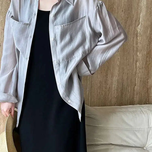 Load image into Gallery viewer, Women Brown Thin Pocket Perspective Big Size Blouse New Lapel Long Sleeve Shirt Fashion Tide Spring Summer 2025 1DH5442
