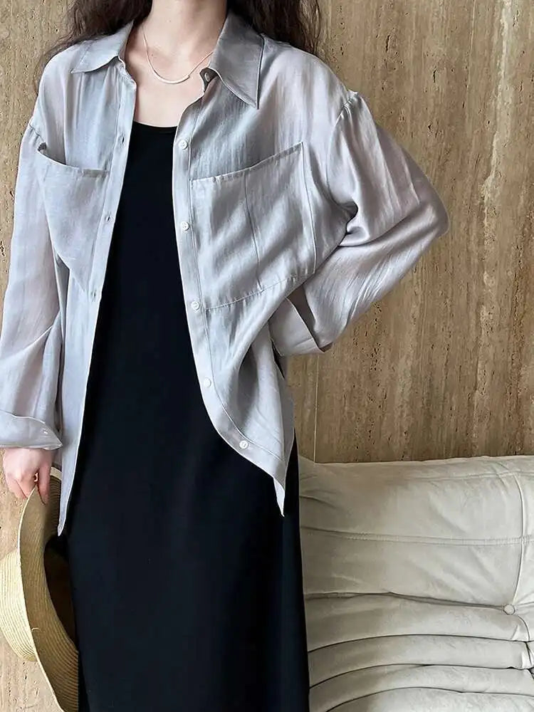 Women Brown Thin Pocket Perspective Big Size Blouse New Lapel Long Sleeve Shirt Fashion Tide Spring Summer 2025 1DH5442