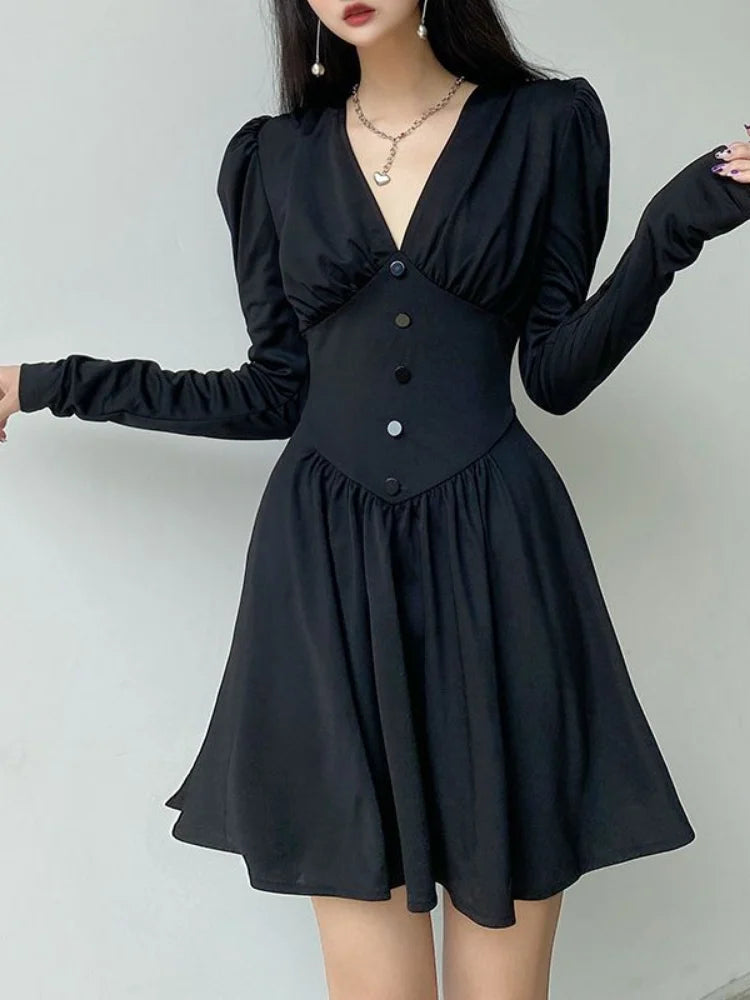 Office Ladies Wrap Bodycon Black Dress Women Korean Style Slim Short Dresses Party Autumn Long Sleeve Robes Kpop