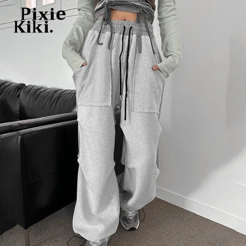 Load image into Gallery viewer, Gray Patchwork Drawstring Sweatpants Women Casual High Waist Baggy Pants Fall Clothes 2024 P85-ED48
