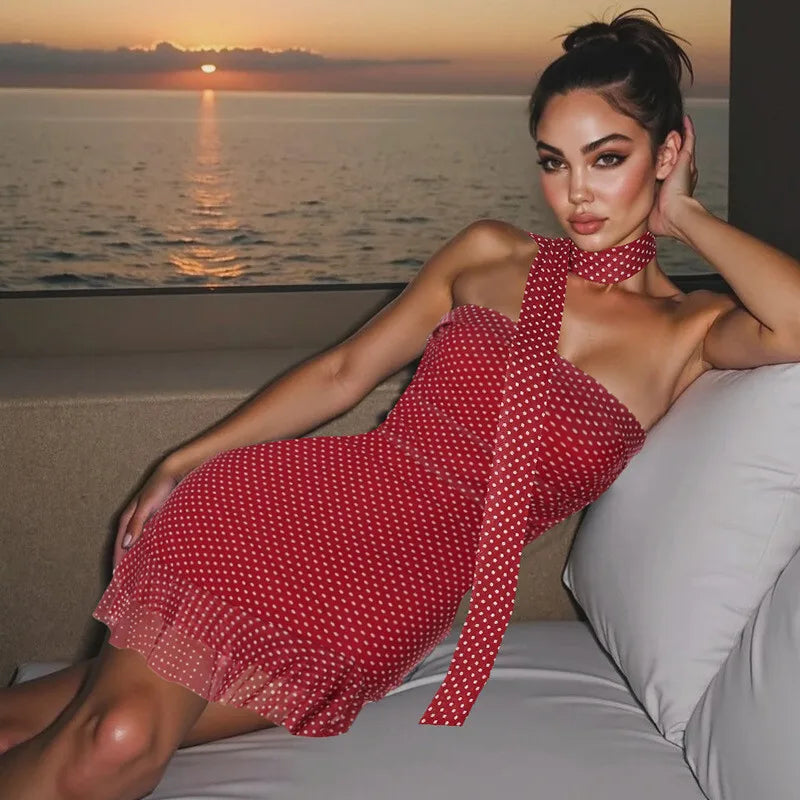 Scarf Collar Polka Dot Mini Dress Women Robe Fashion Off-shoulder Backless Sleeveless Ruffled Club Party Dress Vestido