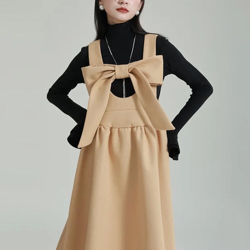 Load image into Gallery viewer, Women Gray Bow Bandage Spliced Long Elegant Woolen Dress New Sleeveless Loose Fit Fashion Tide Autumn Winter 2025 1DF3527
