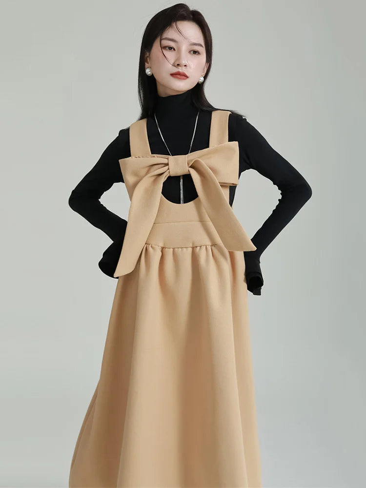 Women Gray Bow Bandage Spliced Long Elegant Woolen Dress New Sleeveless Loose Fit Fashion Tide Autumn Winter 2025 1DF3527