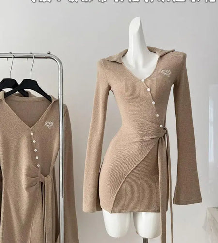 Korean Brown V-neck Temperament Office Long Sleeve Button Bandage Short Dress For Women 2024 Autumn White New Knitted Mini Dress