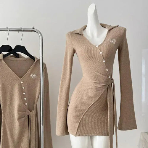 Load image into Gallery viewer, Korean Brown V-neck Temperament Office Long Sleeve Button Bandage Short Dress For Women 2024 Autumn White New Knitted Mini Dress
