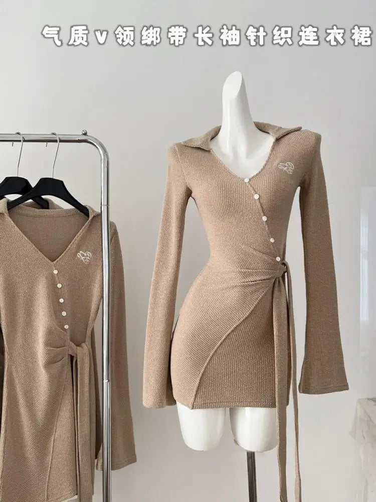 Korean Brown V-neck Temperament Office Long Sleeve Button Bandage Short Dress For Women 2024 Autumn White New Knitted Mini Dress