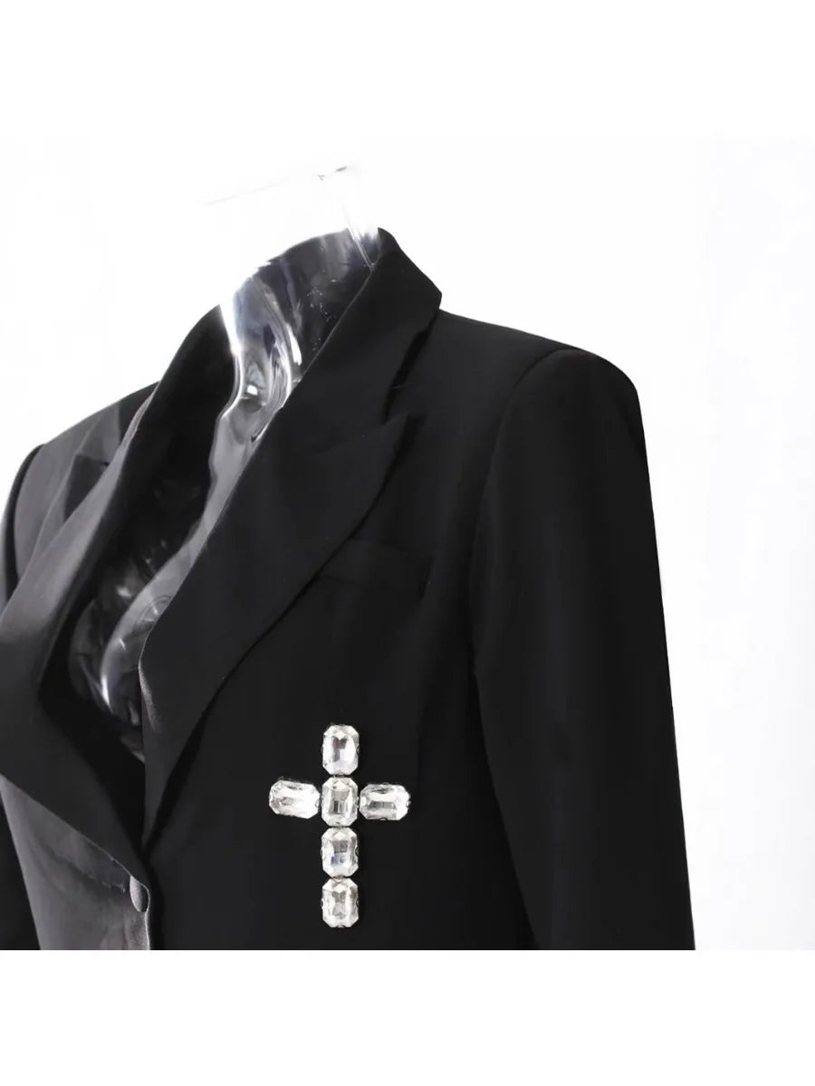 Solid Spliced Diamonds Elegant Blazers for Women Lapel Long Sleeve Temperament Coat Female Style