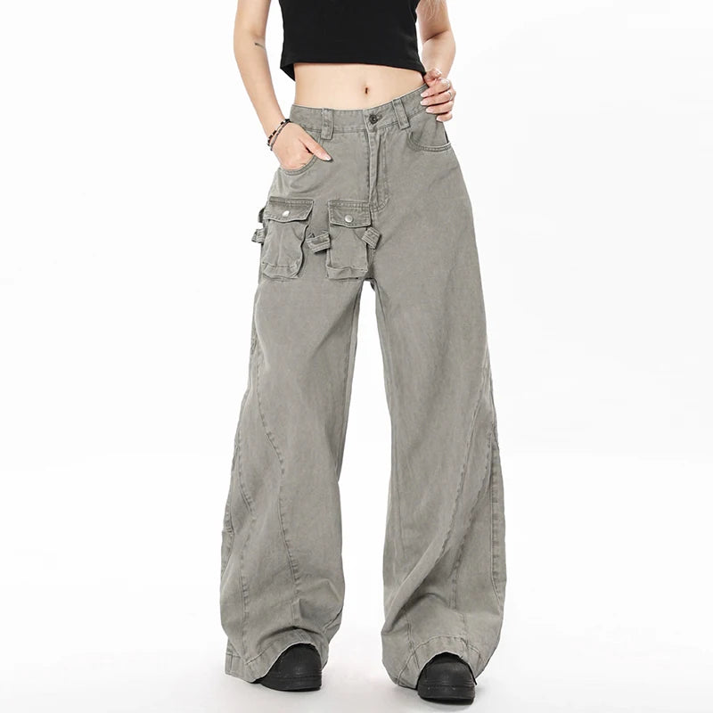 Men's Cargo Pants New American Style Micro Flared Trendy Splicing Stylish Multi Pockets Design Male Casual Trousers 9W193