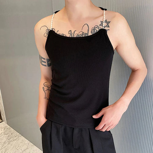 Load image into Gallery viewer, Summer Personalized Male Vest Pearl Shoulder Strap Elastic Short Tank Top Trendy Knitted Ribbed Sleeveless Tops 9C5475
