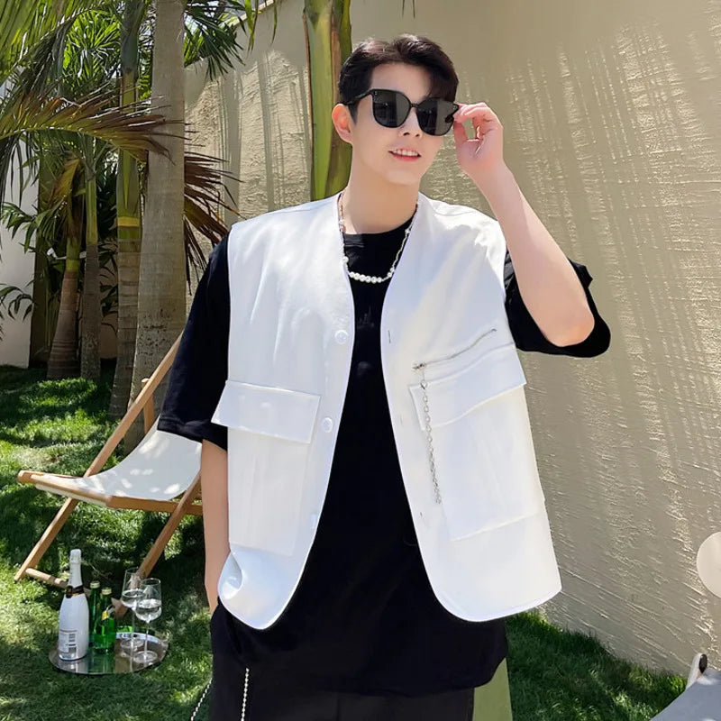 Spirng Men's Vest Coat  Korean Fashionable Sleeveless Design Multi Pockets Zippers Stylish Male Clothing 9W1580