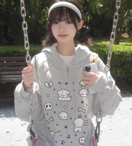 Women Clothing 2024 Japanese Jackets Dog Print Long Sleeve Hooded Zipper Oversized Outwear Fashion Casual Cute Y2k Coat Tops