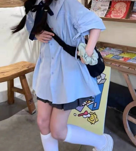 New Kawaii Turn-down Collar Blue Shirt Women Preppy Fashion Short Sleeve Oversize Blouse Female Clothing Streetwear Bow Cardigan