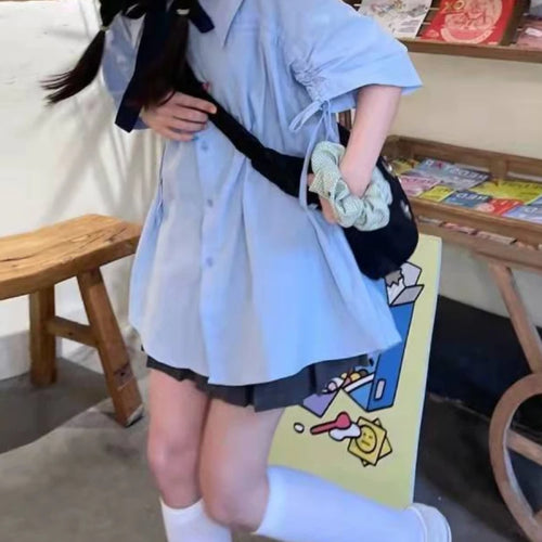 Load image into Gallery viewer, New Kawaii Turn-down Collar Blue Shirt Women Preppy Fashion Short Sleeve Oversize Blouse Female Clothing Streetwear Bow Cardigan
