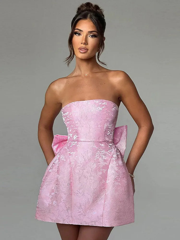 Backless Bow Sexy Mini Dress For Women Fashion Off-shoulder Strapless Sleeveless Bodycon Club Party Dress Elegant