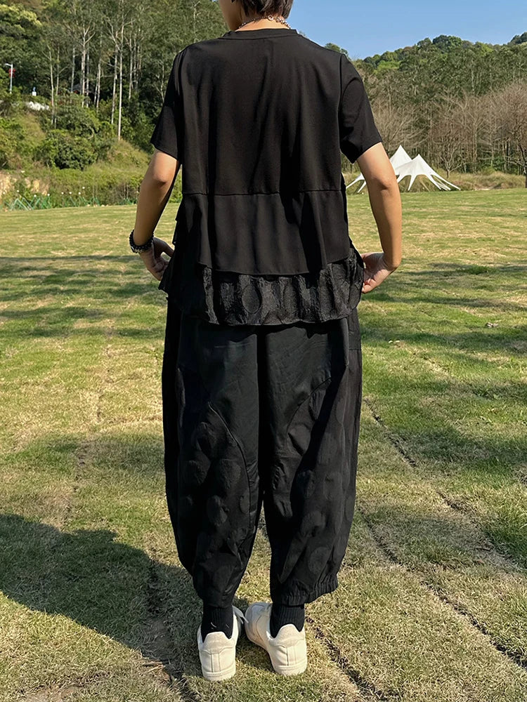 Women Black Hem Ruffles Irregular Big Size T-shirt New Round Neck Short Sleeve Fashion Tide Spring Summer 2025 1DJ0704