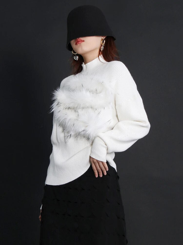 Korean Fashion Patchwork Feather Knitting Sweater For Women Stand Collar Lantern Sleeve Solid Sweaters Female Style
