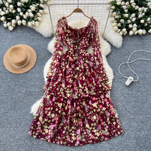 Load image into Gallery viewer, Vintage Autumn Flower Elegant Square Neck Lace-up Cake Dress Women Long Sleeves Festival Pleated Sundress Fashion Bohemian Trend
