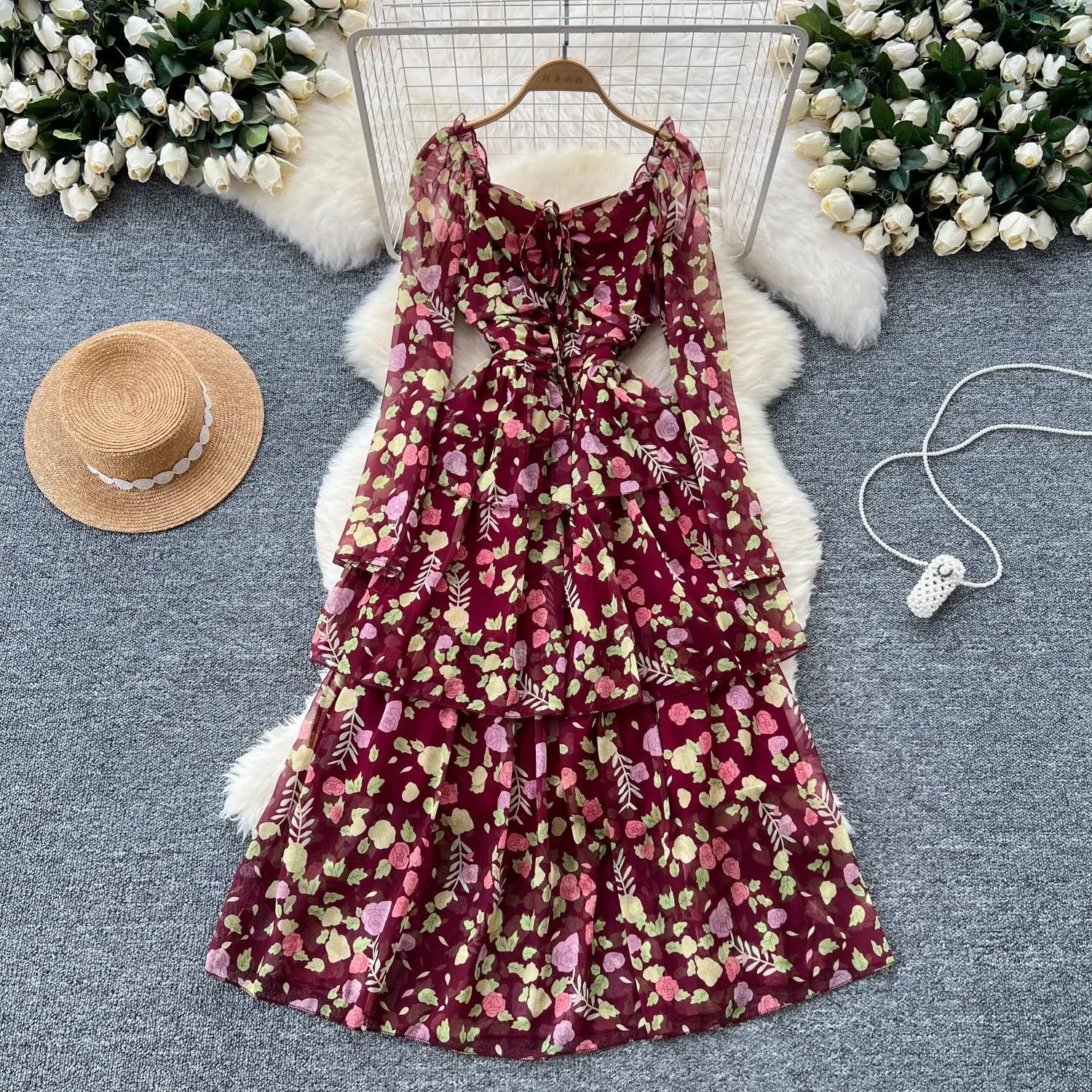 Vintage Autumn Flower Elegant Square Neck Lace-up Cake Dress Women Long Sleeves Festival Pleated Sundress Fashion Bohemian Trend