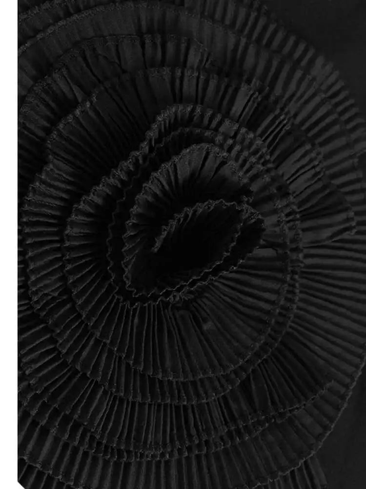 Women Black Three-dimensional Flower Lace Big Size Dress New Turtleneck Short Sleeve Fashion Spring Autumn 2025 1DH8218