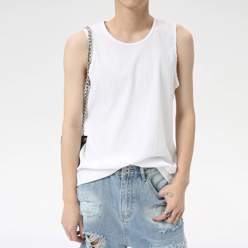 Minimalist Men's Thin Tank Tops Solid Color Casual Round Neck Sleeveless Loose Sport Top Chic Summer 9C6263