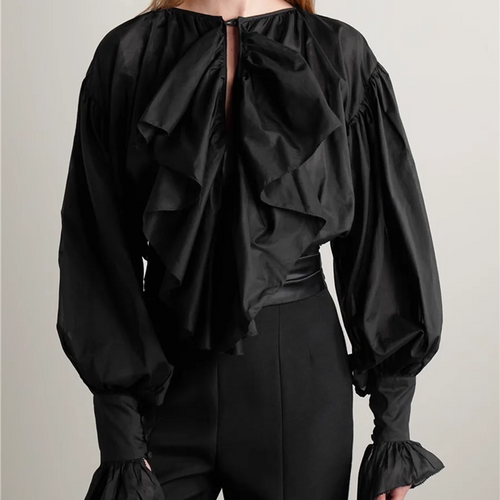 Load image into Gallery viewer, Solid Spliced Fungus Folds Elegant Blouses for Women V Neck Long Sleeves Temperament Blouse Female Fashion Clothing
