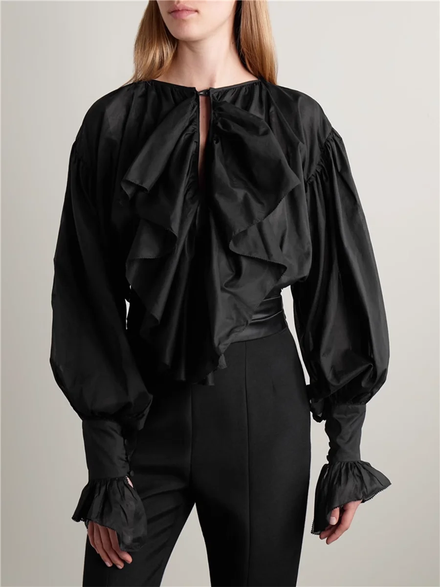 Solid Spliced Fungus Folds Elegant Blouses for Women V Neck Long Sleeves Temperament Blouse Female Fashion Clothing