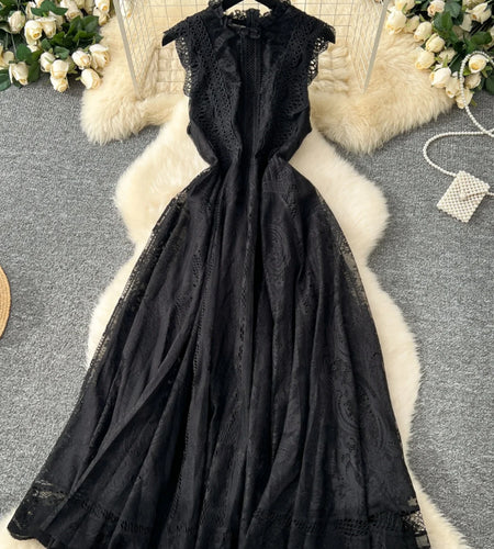 French Retro Romantic Women's Black Lace Elegant Sleeveless Long Dress Summer White Sexy Slim Ruffles Evening Party Fairy Dress