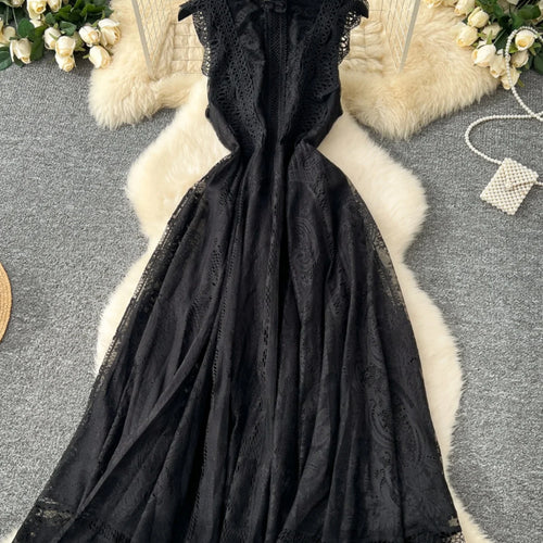 Load image into Gallery viewer, French Retro Romantic Women's Black Lace Elegant Sleeveless Long Dress Summer White Sexy Slim Ruffles Evening Party Fairy Dress
