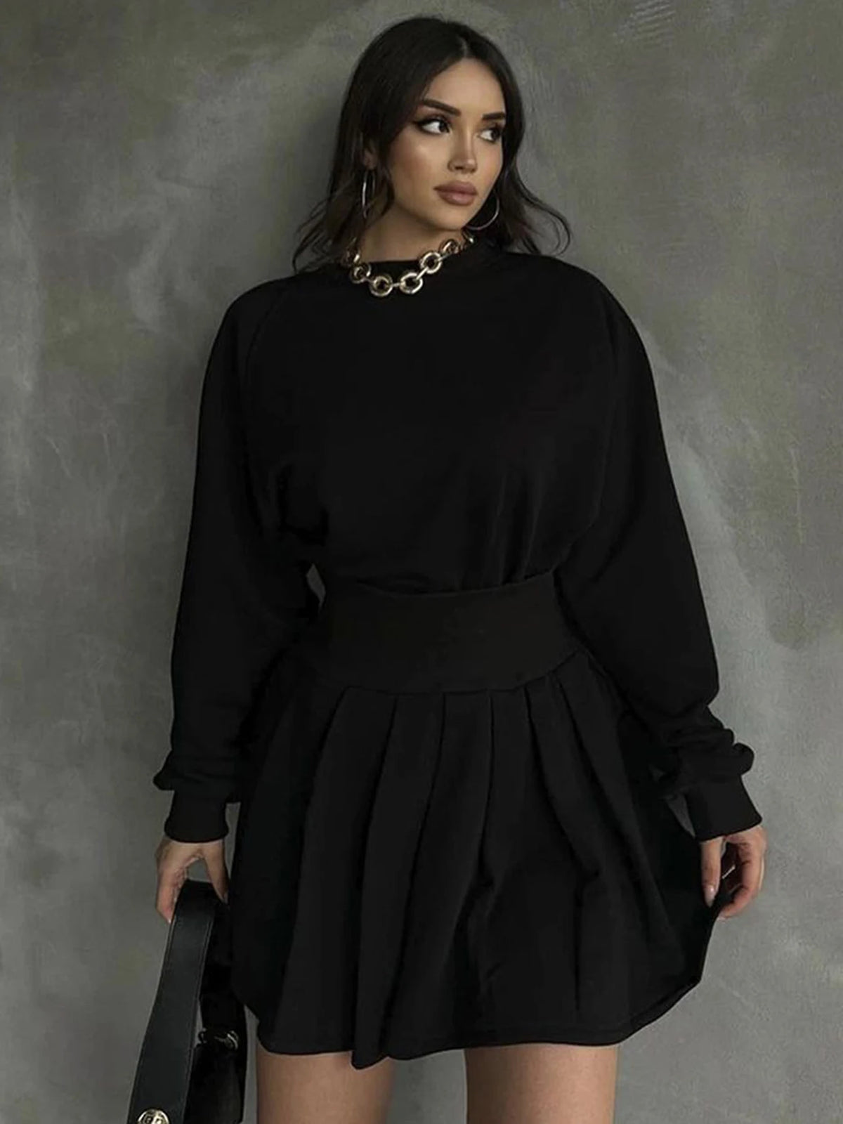 Fashion 2 Pcs Matching Sets Solid Long Sleeve Loose Sweatshirt Pleated Skirt Fall Women Y2K Clothes Streetwear Festival