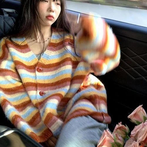 Load image into Gallery viewer, Vintage Striped Cardigan Korean Chic Y2k Aesthetic Sweater Coat 2025 Autumn New Harajuku Kardigany Jumper Pull  Femme
