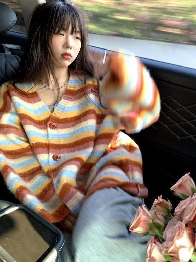 Vintage Striped Cardigan Korean Chic Y2k Aesthetic Sweater Coat 2025 Autumn New Harajuku Kardigany Jumper Pull  Femme
