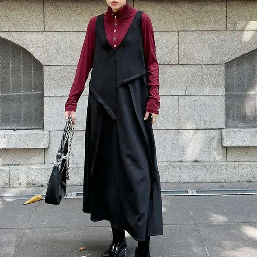 Load image into Gallery viewer, Women Black Irregular Spliced Big Size Long Strap Dress New V-Neck Sleeveless Fashion Tide Spring Autumn 2025 1DH7700
