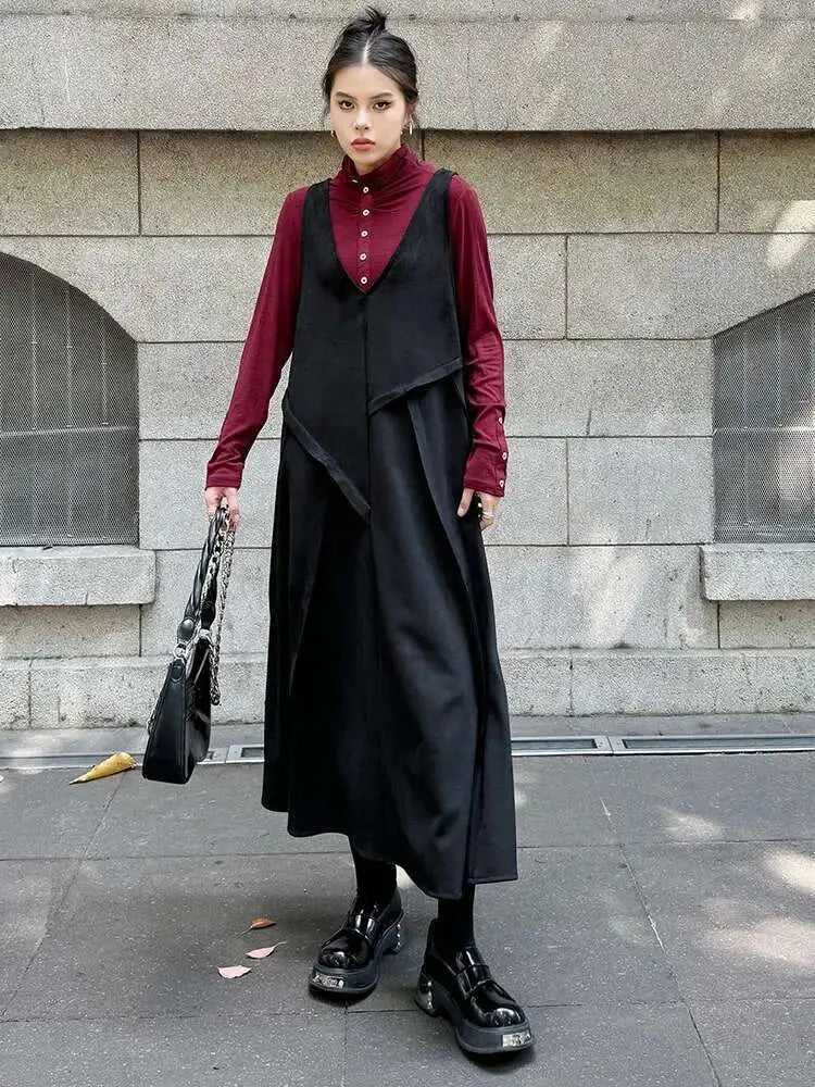 Women Black Irregular Spliced Big Size Long Strap Dress New V-Neck Sleeveless Fashion Tide Spring Autumn 2025 1DH7700