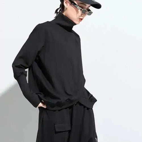 Load image into Gallery viewer, Women Black Irregular Split Joint Big Size T-shirt New Turtleneck Long Sleeve  Fashion Tide Spring Autumn 2025 1DC670
