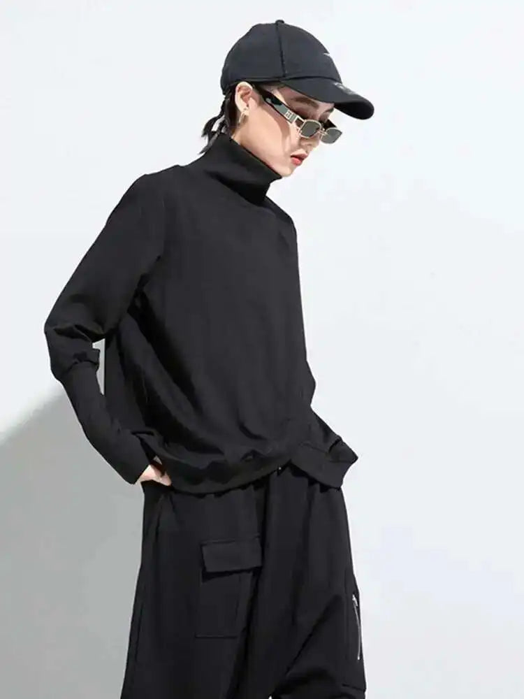 Women Black Irregular Split Joint Big Size T-shirt New Turtleneck Long Sleeve  Fashion Tide Spring Autumn 2025 1DC670