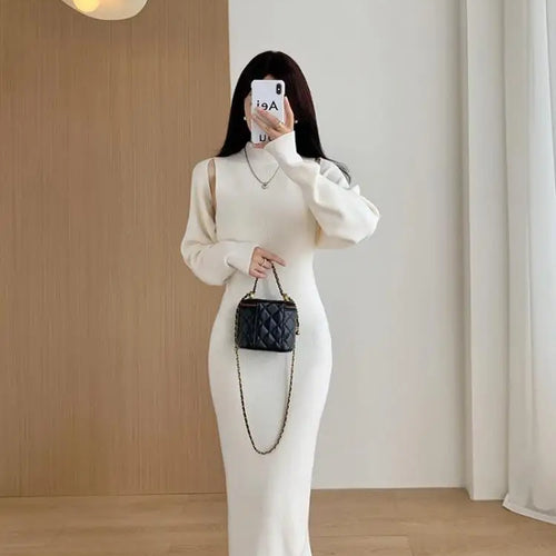 Load image into Gallery viewer, Elegant Solid Ribbed Knitted Dress Women Slim Long Sleeve Cardigan Top And Vest Dresses Autumn Winter Lady Streetwear Robe

