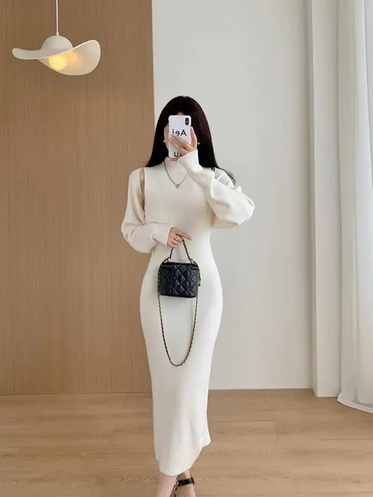 Elegant Solid Ribbed Knitted Dress Women Slim Long Sleeve Cardigan Top And Vest Dresses Autumn Winter Lady Streetwear Robe