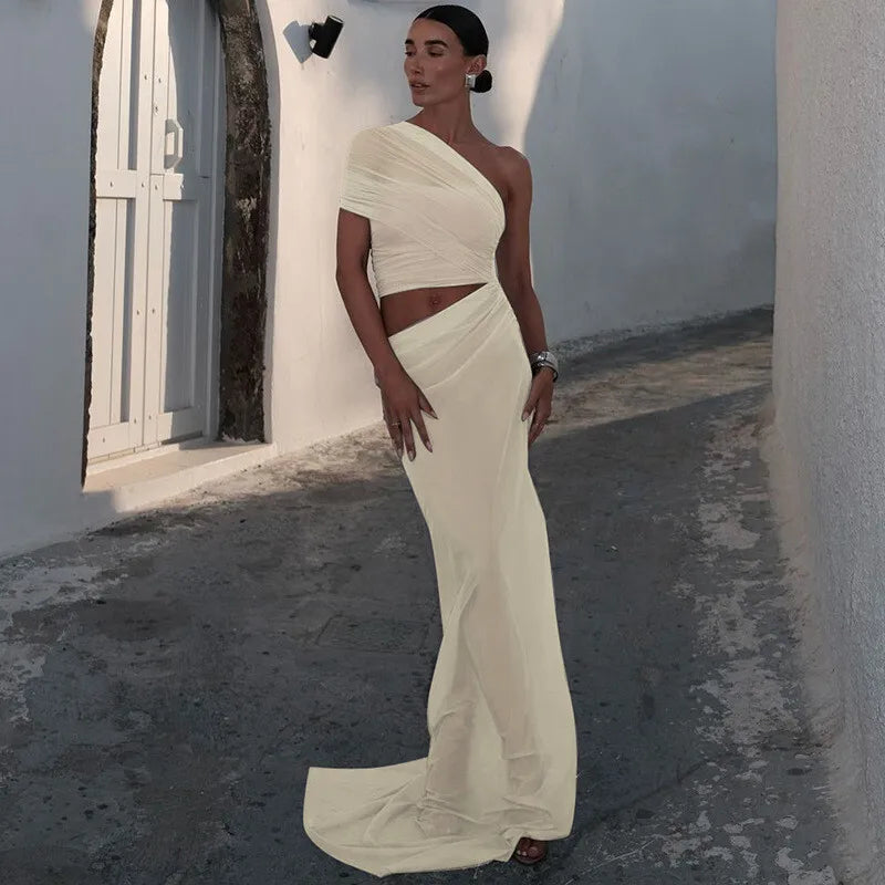 Mesh Hollow Out Backless Sexy Maxi Dress For Women Fashion One Sleeveless See Through Ruched Bodycon Club Long Dress