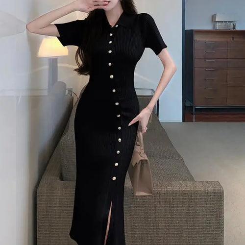 Load image into Gallery viewer, Korean Women's Black Temperament Knitted Office Lady Short Sleeve Dress Summer Beige Single Breasted Split Long Dress Simplicity
