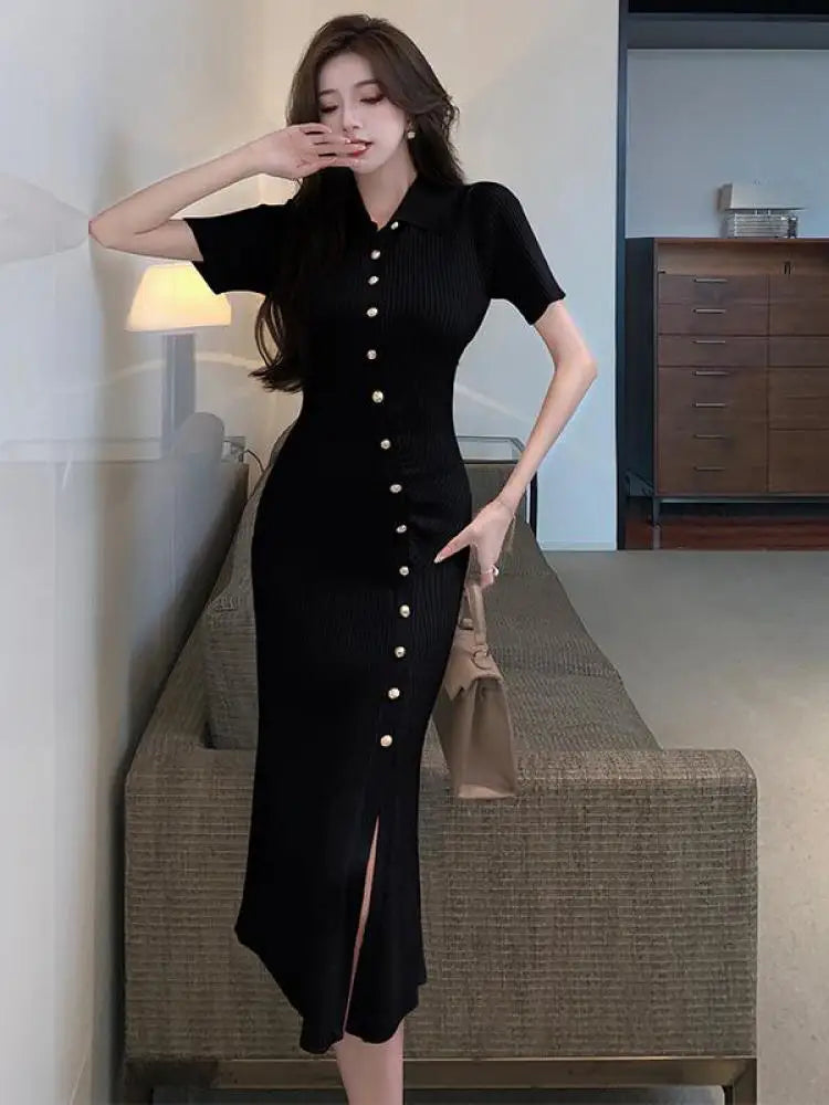 Korean Women's Black Temperament Knitted Office Lady Short Sleeve Dress Summer Beige Single Breasted Split Long Dress Simplicity