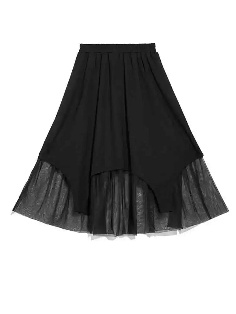 High Elastic Waist Black Mesh Fake Two Long CasualHalf-body Skirt Women Fashion Tide New Spring Autumn 2025 1DF6509