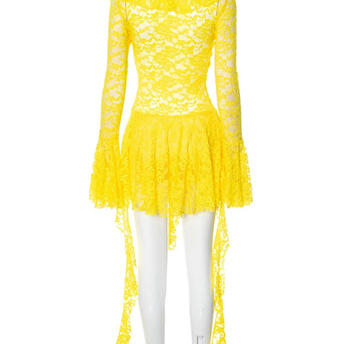 Load image into Gallery viewer, Lace Ruffled Sexy Mini Dress For Women Robe Deep V Neck Flare Long Sleeve Draped A-line Club Party Dress Vestido
