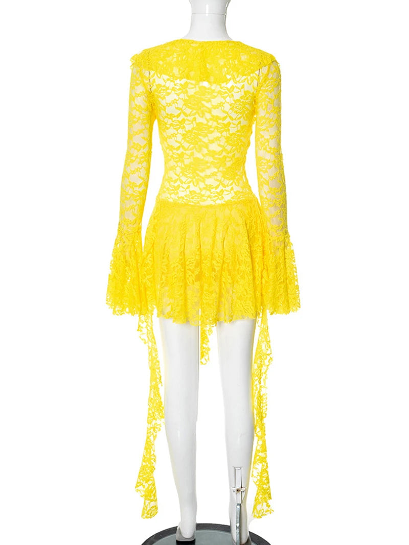 Lace Ruffled Sexy Mini Dress For Women Robe Deep V Neck Flare Long Sleeve Draped A-line Club Party Dress Vestido