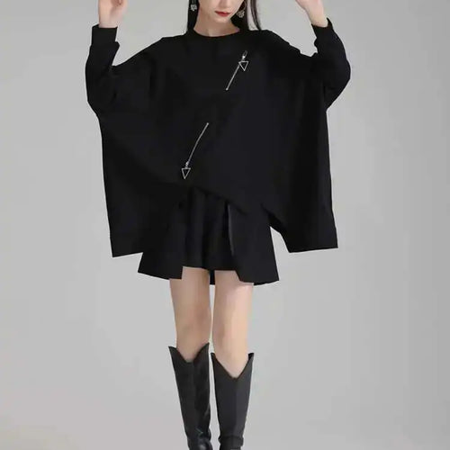 Load image into Gallery viewer, Black Irregular Hem Zipper Sweatshirt New Round Neck Long Sleeve Women Big Size Fashion Tide Spring Autumn 2025 1DH4308
