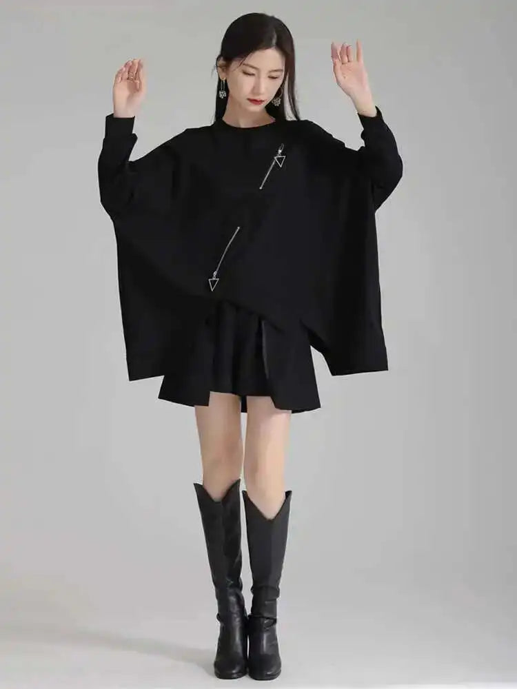 Black Irregular Hem Zipper Sweatshirt New Round Neck Long Sleeve Women Big Size Fashion Tide Spring Autumn 2025 1DH4308