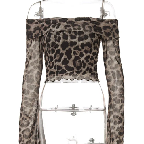 Load image into Gallery viewer, Leopard Print Long Sleeve T-shirt Women Off-shoulder Backless Crop Tops Female Fashion Printed Strapless Tees Tops
