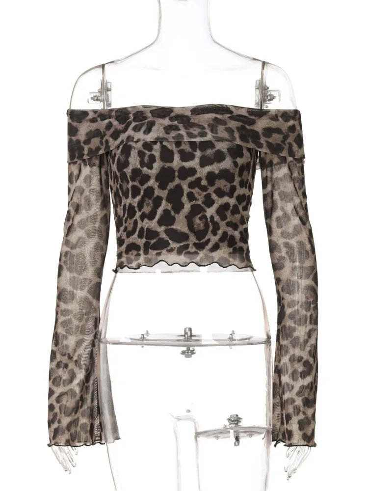 Leopard Print Long Sleeve T-shirt Women Off-shoulder Backless Crop Tops Female Fashion Printed Strapless Tees Tops